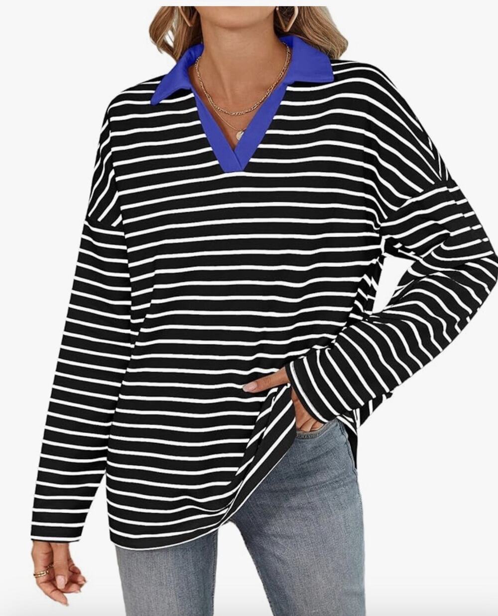 Women’s Striped Johnny Collar Long Sleeve T-Shirt Black /white Small